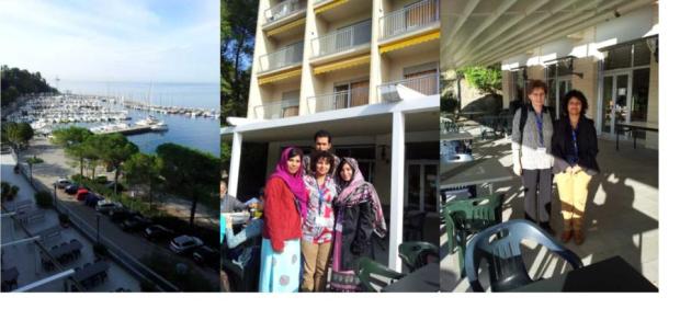 (Left) A view from ICTP main building, (Middle) with best presentation award winning students from Pakistan, (Right) with Galina, a physicist working in Russia and Spain
